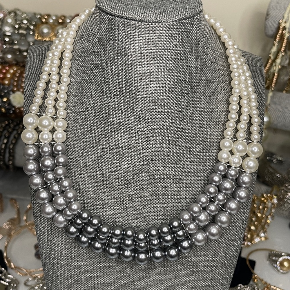 Silver and White Multi-Strand Pearl Necklace